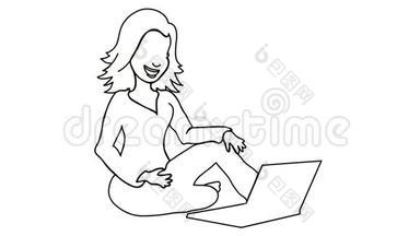 家中<strong>女士用笔记本电脑</strong>绘制动画透明背景矢量运动图形